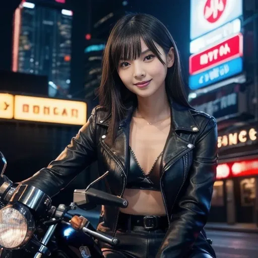 A woman wearing a leather jacket and leather pants, straddling a Yamaha SR400 Cafe Racer Custom, is driving a motorcycle on a street corner where neon signs shine in the dark night of the city. The woman has a confident expression and poses that exude a se...