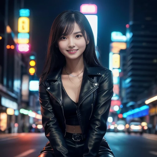 A woman wearing a leather jacket and leather pants, straddling a Yamaha SR400 Cafe Racer Custom, is driving a motorcycle on a street corner where neon signs shine in the dark night of the city. The woman has a confident expression and poses that exude a se...