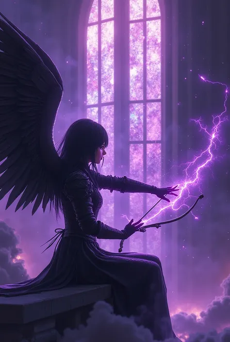 aura, purple lightning,  condense energy in the hands ,  masterpiece , 4K, absurdities,  yugioh monster style yugioh shiny outline  , swirl of feathers in the background , Black wings, dark clouds, purple lightning,  highly detailed 8K wallpapers unified i...