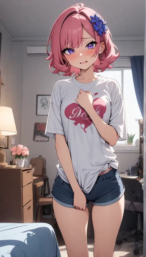  One Girl, Peach Belia Deviluk , pink short hair , purple eyes, flower pattern hair accessory, shirt, shorts,room,Masterpiece,  best quality ,   ridiculous ,