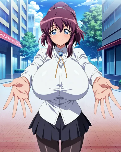 score_9, score_8_up, score_7_up, source_anime, anime coloring, anime screencap, 1 girl, alone, Henrietta de Tristain (zero no tsukaima), dark purple hair, short hair, ponytail, blue eyes, loving smile, white beautiful skin, gigantic breasts, standing, inco...