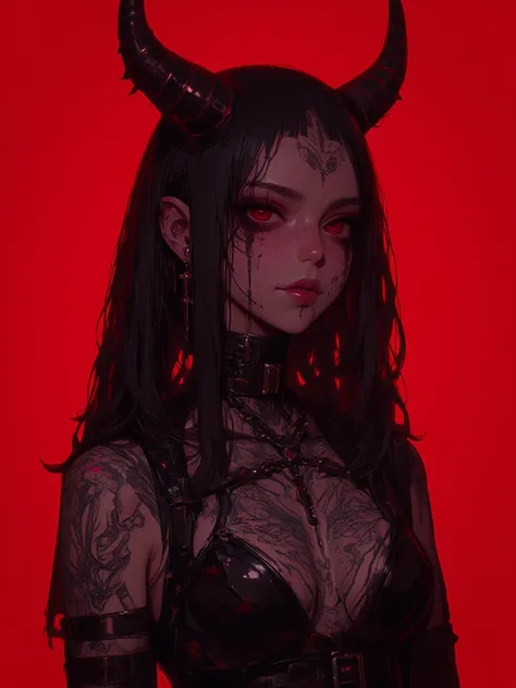 A dark gothic tattooed cyberpunk girl. The background is a solid red color.
