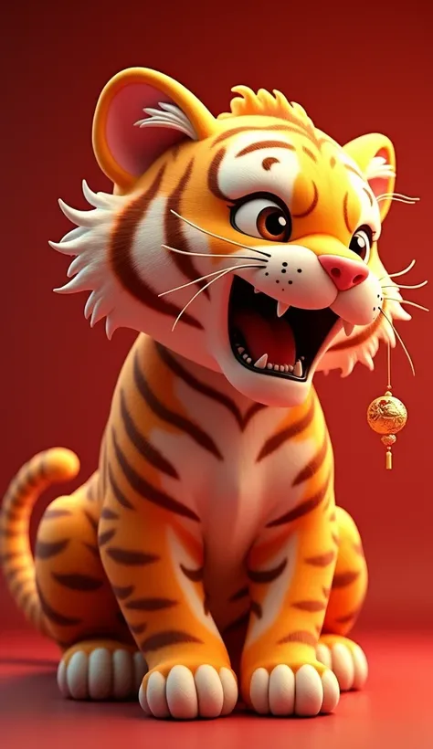  4d illustration of a tiger roaring,  looks to be angry with a sharp gaze,  the whole body of a golden glowing tiger ,  with an elegant look and a dashing jufa ,  on a red background , Chinese color , there is a lunar ornament in it , 4K.