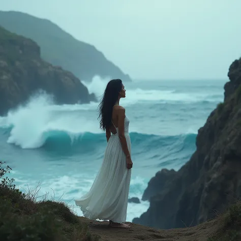  23 year old girl, Seeing in front of the sea , of Sonora in a white dress, rest,  standing in front of the sea noisy Mexican-looking , cloudy and cold in the month of October  