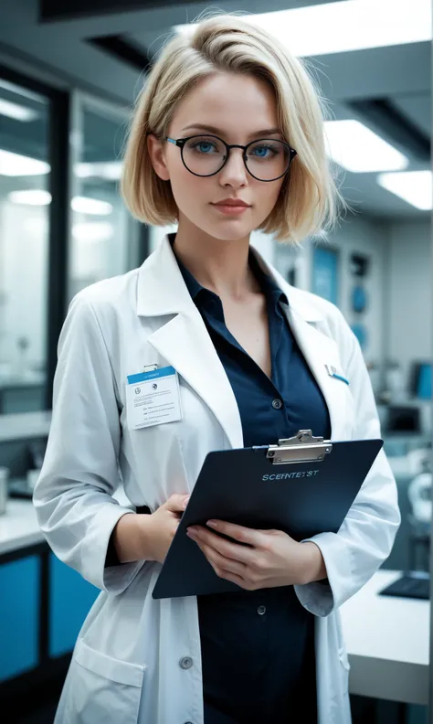 Futuristic girl, short haired blonde wearing round black glasses , bright blue eyes , white skin , wearing a futuristic scientist outfit she is looking at the viewer, she is holding a clipboard , extremely detailed image 4k realistic style