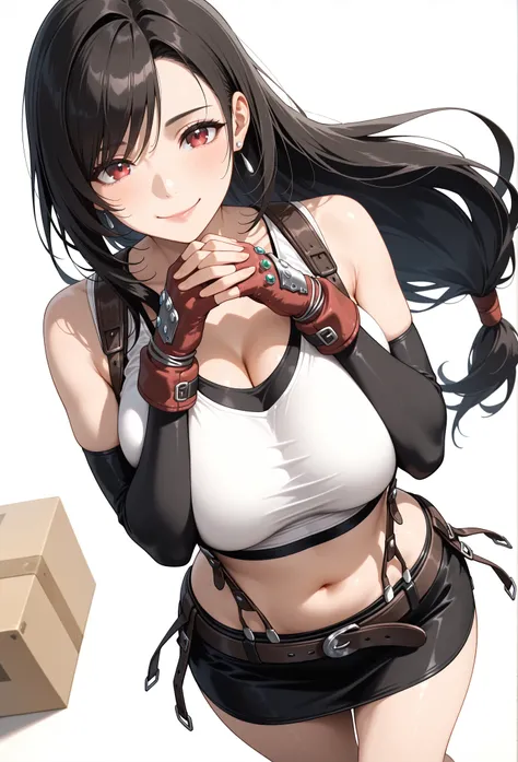  Tifa Lockhart,  Final Fantasy VII ,  1 girl, bangs,  shoulder out, belt, black belt, black  gloves,   black hair, black  skirt , Chest,  clasped hands ,  Closed Mouth, clavicle,  box,  Crop Top ,  earrings, elbow  gloves, fingerless  gloves,  floating hai...