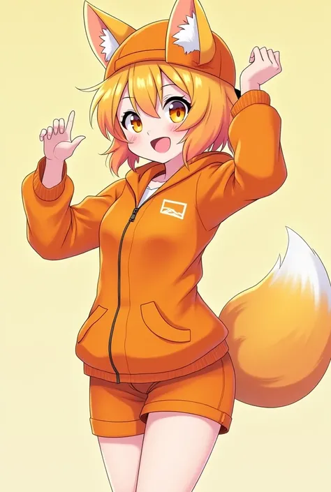 Anime orange fox girl with short hair and orange eyes with a orange hat on backwards and a orange jacket and short orange shorts 