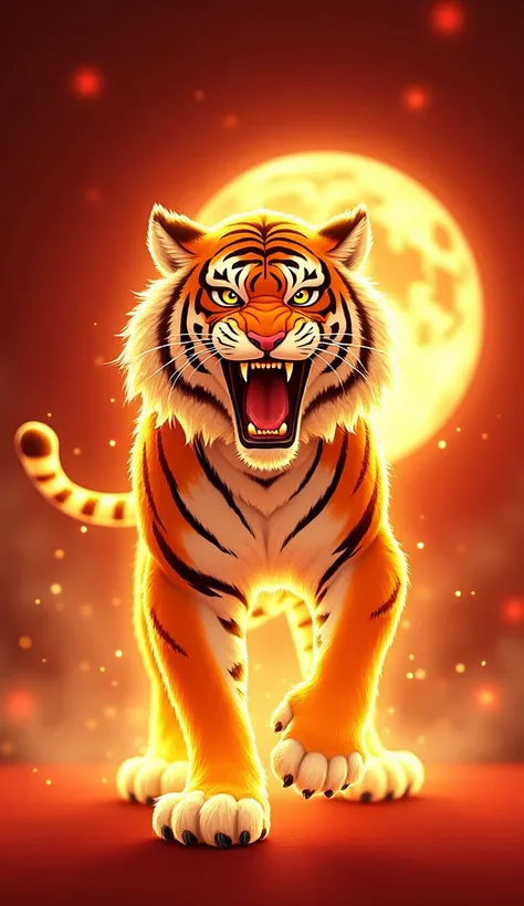 Anime of a tiger roaring ,  looks to be angry with a sharp gaze,  the whole body of a golden glowing tiger ,  full of golden aura light on the tiger's body,  with an elegant and also manly look ,  on a red background , Chinese color , there is a lunar orna...