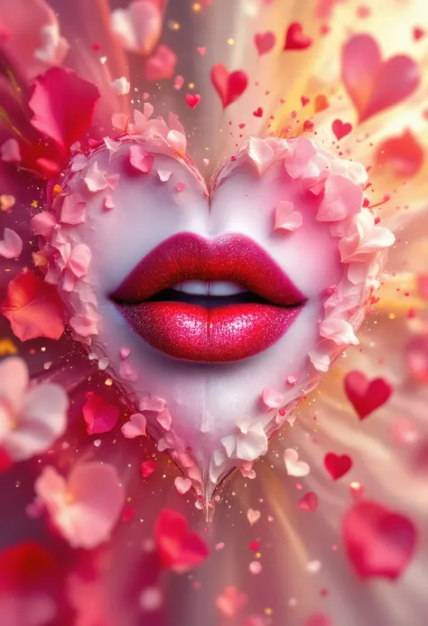 A beautiful kiss print without people from lipstick with hearts and delicate rose petals,  bright colors ,  masterpiece, 8 k,  Best quality,  complicated details,  Beautiful painting , wallpaper, 