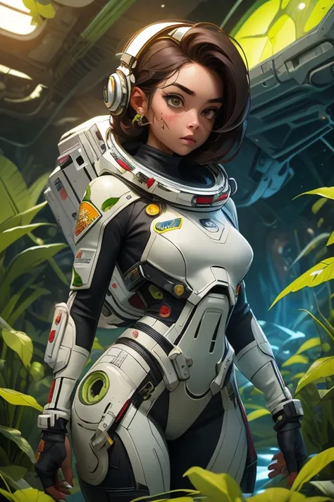 beautiful girl astronaut in a torn suit with blood stains thin waist wide hips hair fluttering in her hands blaster running on a wild overgrown green planet behind a crashed spacecraft and monsters creeping up super high detail hair and skin, artistic depi...