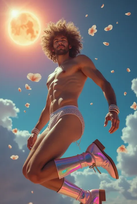 80s magazine photography of a handsome hunk hairy men with,wearing a micro string thong  with iridescent colors,a  iridescent Astronaut helmet, iridescent  Big boots,floating in the space,dynamic floating position,full body shot,shiny oiled skin,white peta...