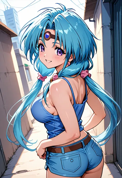 Paffy Pafuricia ,  Female Adult　 tank top　 hot pants　Blue Hair　 Big Breasts　、 smiles　　((　Back Alley　))