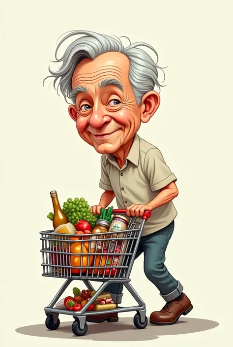 a cartoon-style illustration of a grey-haired white man with light white shirt and a grocery cart with groceries