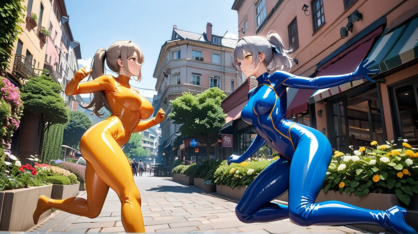 ( 2 girls fighting back),(最 high definition, 8k, masterpiece:1.3),  clear contours high definition(24 years old:1.5), ( gray hair ), (Up ponytail),, ((全身 rubber suit、 colorful、blue、Yellow line from crotch、no zipper 、 rubber suit、Gloss、 daytime、Around town、...