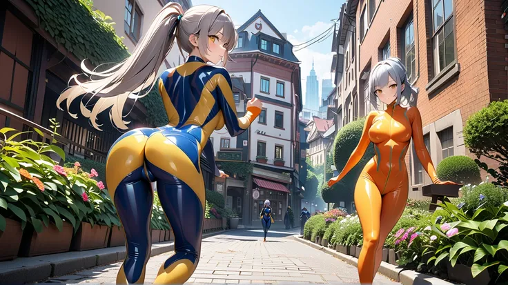 ( 2 girls fighting back),(最 high definition, 8k, masterpiece:1.3),  clear contours high definition(24 years old:1.5), ( gray hair ), (Up ponytail),, ((全身 rubber suit、 colorful、blue、Yellow line from crotch、no zipper 、 rubber suit、Gloss、 daytime、Around town、...