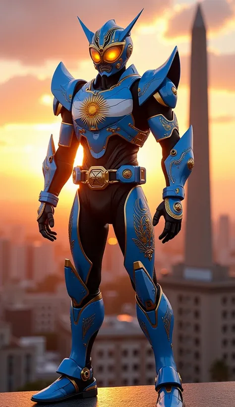 "A noble Kamen Rider clad in armor inspired by the Argentine flag (sky blue, white, and gold), featuring a radiant sun motif on the chest and sleek patterns inspired by Andean art. The character stands triumphantly in front of the Obelisk in Buenos Aires, ...