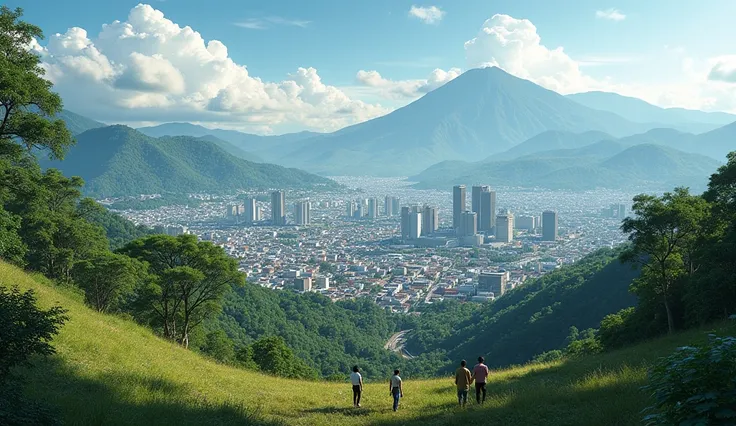 make a picture of a street in Bandung city, West Java with a view from the top of a hill with the city surrounded by mountains