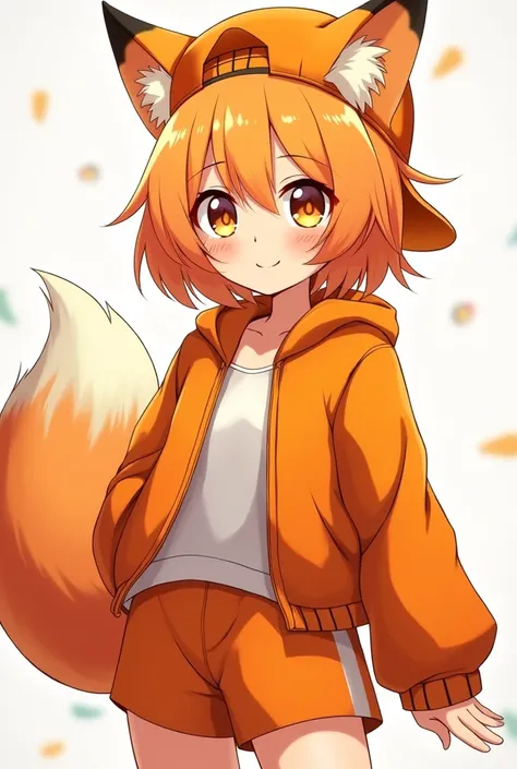 Hot Anime orange fox girl with short hair and orange eyes with a orange hat on backwards and a orange jacket and short orange shorts 