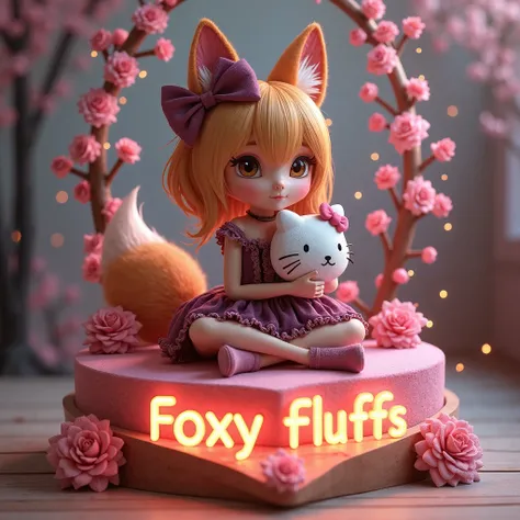 Wooden Anime Anthro Fox Girl,Sassy Smile,fox ears and single fox tail, velvet deep purple ruffled Lolita Corset and hugging a plush hello kitty pillow while sitting cross legged on a plush heart shaped platform with the words "Foxy Fluffs" engraved in lit ...