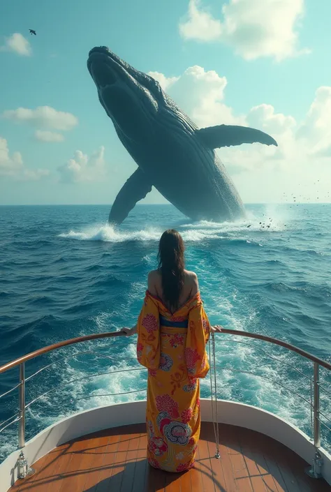  A female diver in a kimono heading out to sea on a boat or cruise ship with a giant whale and other sea creatures in the background 、Female diver in bikini facing the sea on a ship or cruise ship。. Make it cinematic 