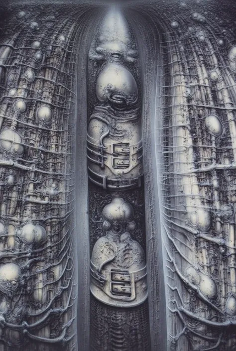 DARK BLACK COLORS, Giger_style, H. R. Giger's g1g3r, , Giger_style, The image is a detailed view of H.R. Giger's \" HRG Aleph \" plate, featuring ( iThe image depicts a highly detailed and intricate texture, resembling a organic, alien-like structure with ...