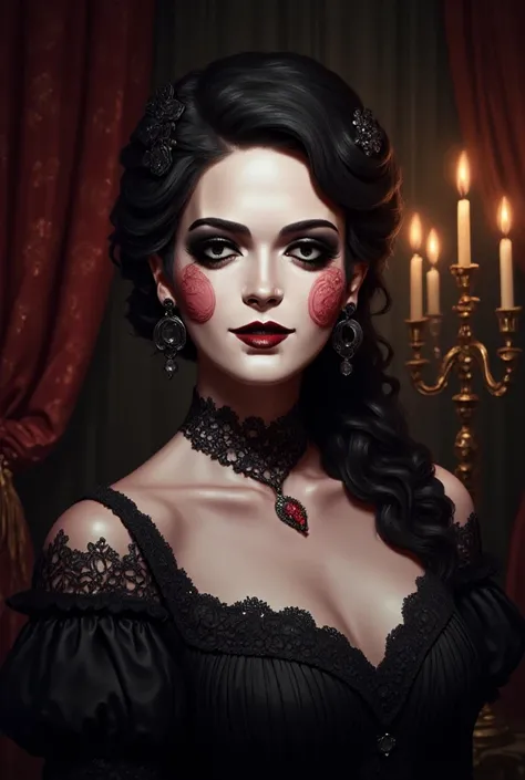 **"A portrait of a captivating young woman from the Victorian Gothic era, her pale complexion glowing softly against the dark, moody backdrop. Her deep, enigmatic eyes, framed by subtly smudged eyeliner, hold a gaze that is both alluring and predatory. Her...