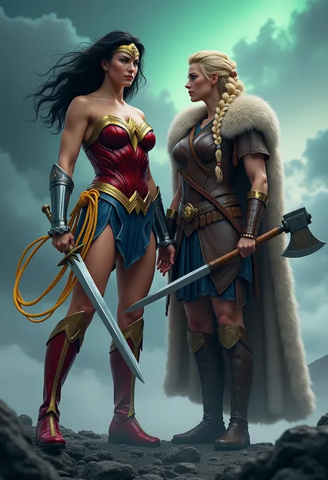 "Depict Wonder Woman and a Viking woman standing side by side, exuding power and determination. Wonder Woman is clad in her iconic armor with red, gold, and blue tones, her golden Lasso of Truth glowing softly at her hip, while her sword is held confidentl...