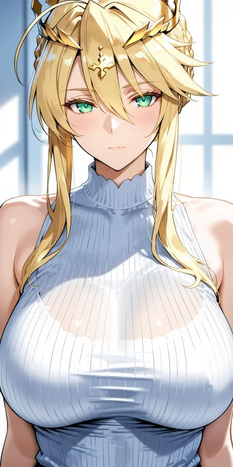 Masterpiece, mature woman, artoria pendragon (Lancer) (fate), tall, slim, upper body, sleeveless shirt,  medium breast, ultra detailed, highres, absurdres, home