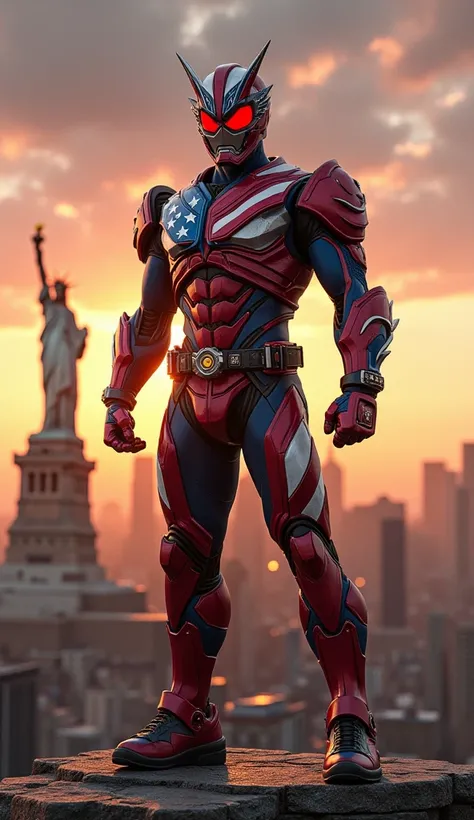 "A bold Kamen Rider clad in armor inspired by the American flag (red, white, and blue), featuring star motifs and stripes running along the arms and legs. The character stands heroically in front of the Statue of Liberty in New York, with a glowing skyline...