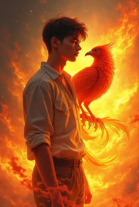 young man with pet pheonix and name on fire "kenn"