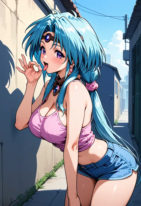 Paffy Pafuricia ,  Female Adult　 tank top　 hot pants　Blue Hair　 Big Breasts　、 smiles　　((　Back Alley　))  lean forward, ( fellatio gesture),