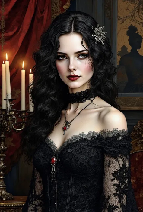 **"A portrait of a captivating young woman from the Victorian Gothic era, her pale complexion glowing softly against the dark, moody backdrop. Her deep, enigmatic eyes, framed by subtly smudged eyeliner, hold a gaze that is both alluring and predatory. Her...