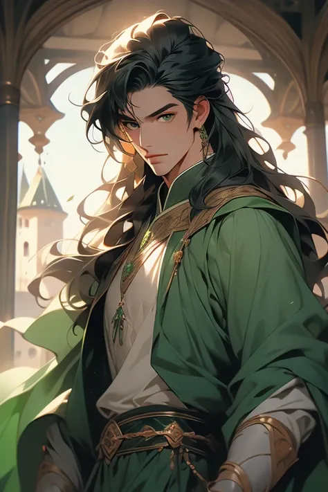 handsome male man,  Green Eyes Pants, Blue-black hair, shoulder-length hair , green medieval noble clothes,  fair skin 