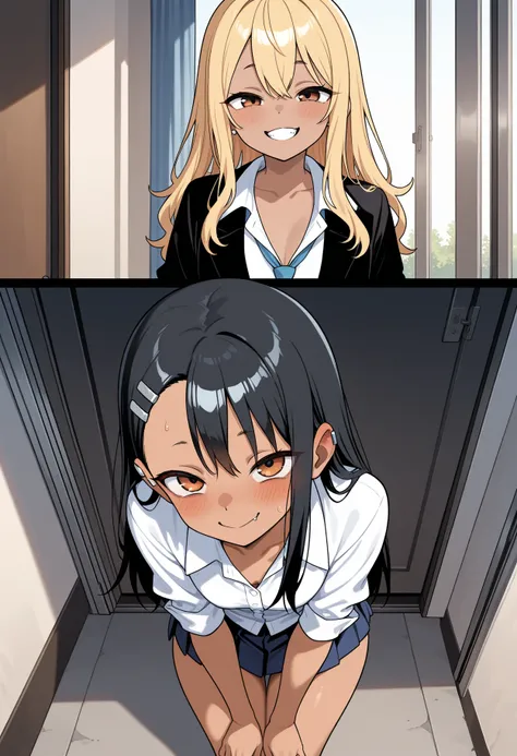 masterpiece, best quality, amazing quality, very aesthetic, newest,  1girl, before and after, bimbofication,nagatoro , gyaru, innocent girl,indoor, detailed background,