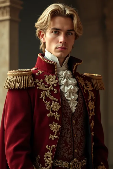 generate me a tall handsome prince in his 20s, has blonde hair, green eyes, straight nose in dark red fancy clothing 