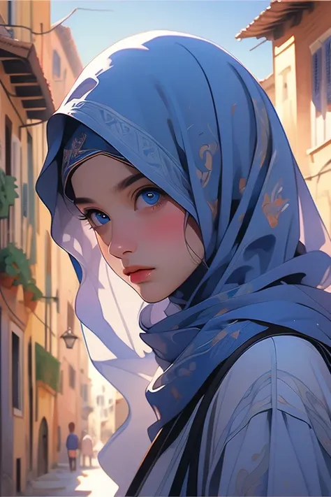 Rome, (realistic), watercolor,  best quality, dynamic colors, Swirls,  architectural streets ,  a portrait of a character ,  blue eyes, Vines, landscape, clear sky, Black colors, connected to rings ,  digital painting ,  Tight Hijab,