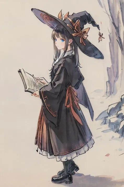 final fantasy, detailed illustration, Art by Akihiko Yoshida, ultra detailed, best quality, ultra high resolution, masterpiece, 1 girl, young woman, standing, from side, BREAK have a book of spells, witch's hat, white blouse, ribbon, To put on a black mant...