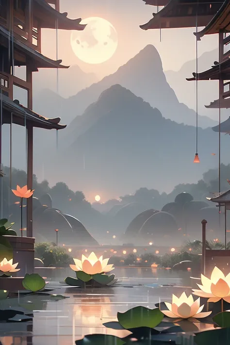 At night,  only the moonlight illuminates , crooked moon,  mountains in the background , beautiful large lotus flowers nearby,  large red lotus flowers , running water next door, toads, summer full of joy, crooked moon in the sky mixed with stars,  amazing...