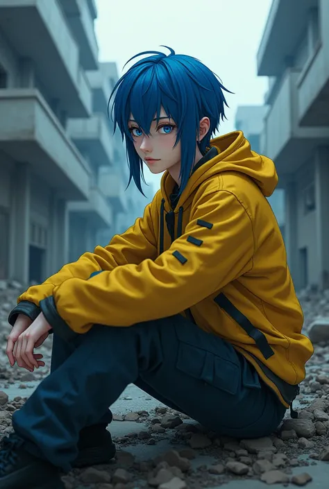 For anime cinematic characters, cool Korean guys, long emo hair to shoulder length in bright blue, wearing a modern yellow hoodie with elegant black accents, wearing cargo pants in color Black, blue eyes, looking sideways, in a dead city, eerie atmosphere,...