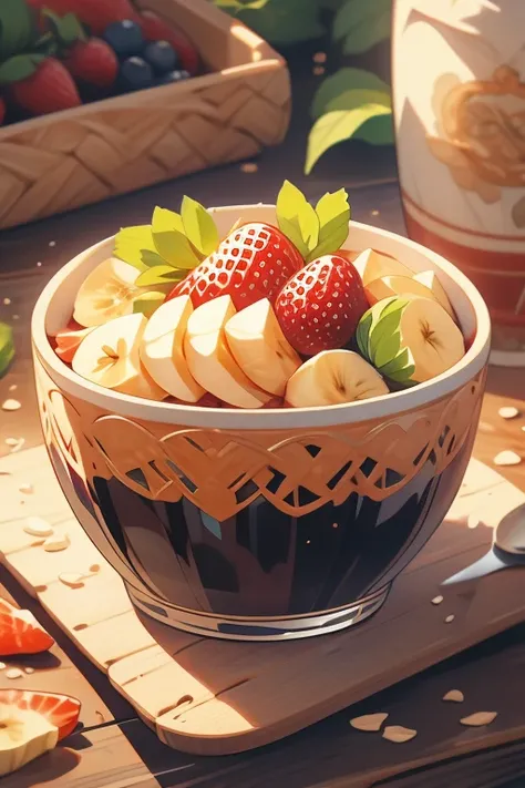  Create a vibrant digital illustration of a traditional Pará scene focusing on an açaí bowl,  a popular dish from the northern region of Brazil . The illustration must have a semi-realistic or 3D style. Highly creamy açaí .  Surround the room with a variet...