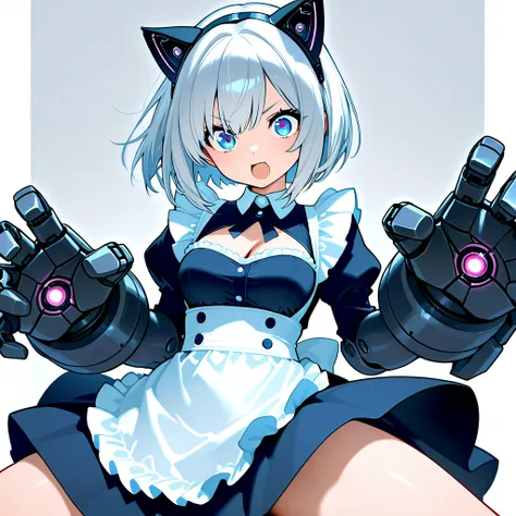 (masterpiece:1.3, highest quality, highres),1girl, giant mechanical fist\metal spike , A large mechanical headband in the shape of cat ears: 1.2, (beautiful eyes:1.3, Best quality eyes: 1.2, Detailed eyes: 1.2, Popping out eyes), (short bob, silver hair:1....