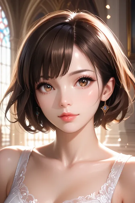  best quality ,  masterpiece,  ( realistic:1.2),  1 girl,  brown hair,  brown eyes,front,  detailed face, beautiful eyes1 girl, solo,  high resolution,  is looking at the viewer ,  short hair, bang,  Background Blur, Lens glare, 