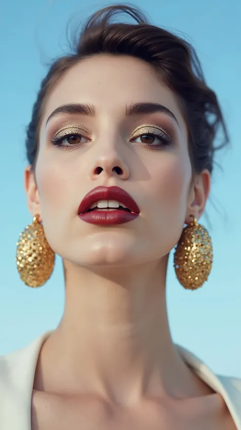 A hyper-detailed, avant-garde facing forward shot photograph featuring a striking woman with pale light skin against a clear, light blue sky. Her nude high-angle mid shot highlights the smooth texture of her flawless complexion. Shimmering metallic eyeshad...