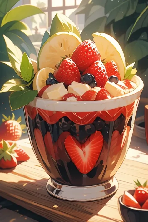  Create a vibrant digital illustration of a traditional Pará scene focusing on an açaí bowl,  a popular dish from the northern region of Brazil . The illustration must have a semi-realistic or 3D style. Highly creamy açaí .  Surround the room with a variet...