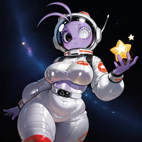 Alien, one white eye, one black eye. Thick lashes. One Antenna, purple skin, curvy, spacesuit, space helmet, stars, cute, solo, holding star