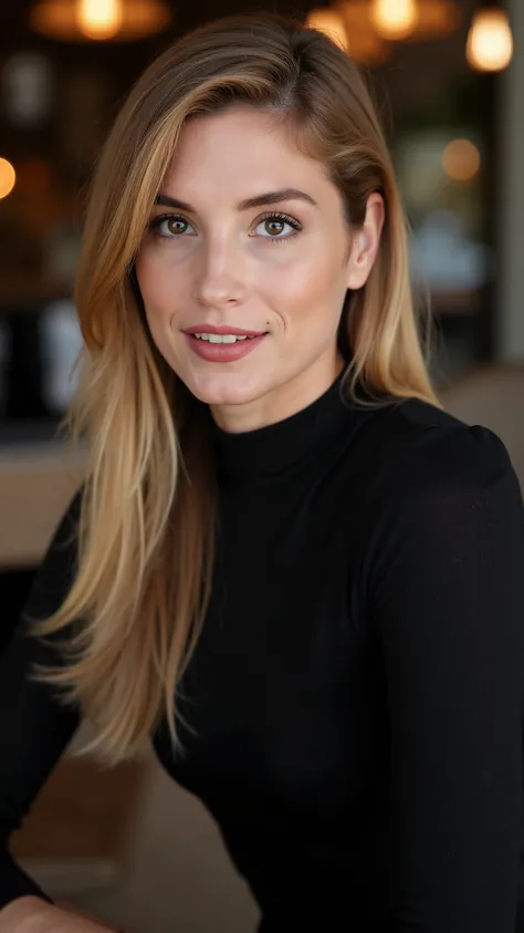 This is a beautiful  closeup photograph of a woman, she has long straight blonde hair swept to one side and dark blue eyes.  Wearing a form fitting  black dress,  Sitting in a cafe. Flirting at the viewer. Smile, Captured with a Sony A7R IV camera and a 50...