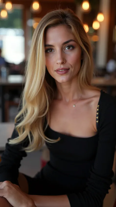This is a beautiful  closeup photograph of a woman, she has long straight blonde hair swept to one side and dark blue eyes.  Wearing a form fitting  black dress,  Sitting in a cafe. Flirting at the viewer. Smile, Captured with a Sony A7R IV camera and a 50...