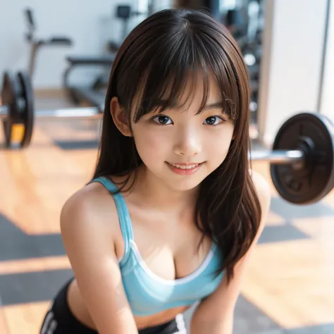 ((best quality)), ((ultra-detailed)), ray tracing, ((beautiful 10-yo girl)), detailed beautiful face, looking at viewer, smile, blush, Beaming, sports bra, cleavage, longhair, in the gym, slenderwaist, full body,