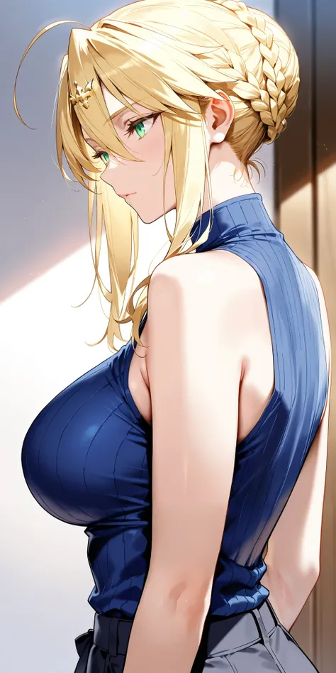 Masterpiece, mature woman, artoria pendragon (Lancer) (fate), tall, slim, upper body, sleeveless shirt,  medium breast, sophisticated, ultra detailed, highres, absurdres, home