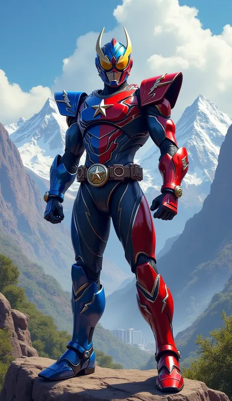 "A determined Kamen Rider clad in armor inspired by the Chilean flag (red, white, and blue), with a prominent star emblem on the chest and mountain motifs on the shoulders. The character stands heroically in front of the towering Andes Mountains, with the ...